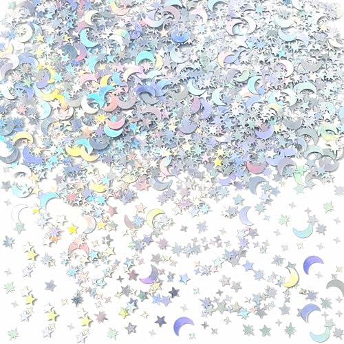 Silvery Moon Konfetti Stern Konfetti Stern Tischkonfetti Mond Sterne Form Glitzer Metallic Folie Tisch Streukonfetti für Stern Party Hochzeit Dekorationen Eid Al Fitr Konfetti Party Sets von QZMCEAGS