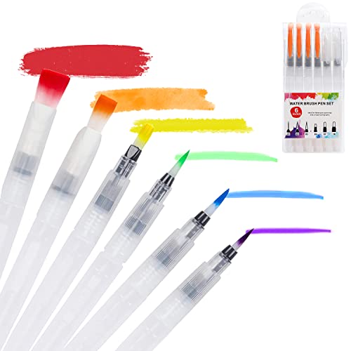 Wassertankpinsel Aquarell Set, 6er Wasserpinsel mit Tank, Aquarellpinsel Stift Wasserstifte Befüllbar Wasserfarben Pinsel mit Wassertank Water Brush Pen Set von QZOSZ