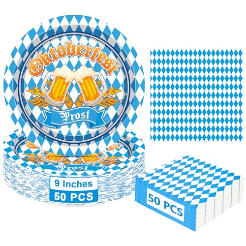 QZYL 50 Sets Oktoberfest Party Teller und Servietten Sets, 9 Zoll Einweg-Bierfest Pappteller Runde Deutsche Partydekorationen, Blaue und weiße Flagge Karo Geschirr Set für Oktoberfest Dekorationen QZYL 50 Sets Oktoberfest Party Teller und Servietten Sets, 9 Zoll Einweg-Bierfest Pappteller Runde Deutsche Partydekorationen, Blaue und weiße Flagge Karo Geschirr Set für Oktoberfest Dekorationen von QZYL
