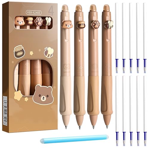 Qaestuan 4 Stück Radierbarer Kugelschreiber, Löschbaren Gelstiften, Radierbare Stifte Set mit 10 Nachfüllungen, 2 Radiergummi, Cartoon Tintenroller, Gelschreiber Blau 0,5 mm, für Schulsachen, Khaki von Qaestuan