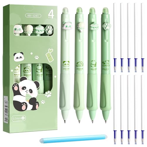 Qaestuan 4 Stück Radierbarer Kugelschreiber, Löschbaren Gelstiften, Radierbare Stifte Set mit 10 Nachfüllungen, 2 Radiergummi, Cartoon Tintenroller, Gelschreiber Blau 0,5 mm, für Schulsachen, Grün von Qaestuan