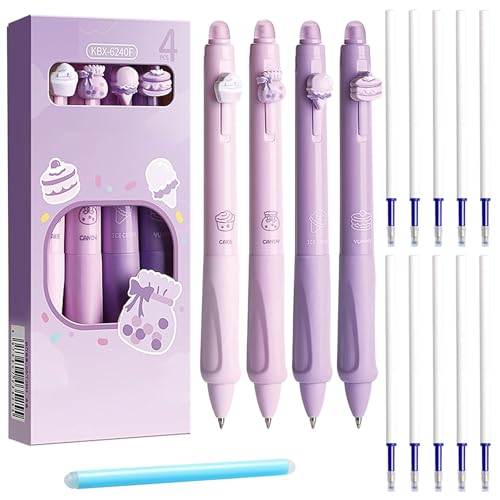 Qaestuan 4 Stück Radierbarer Kugelschreiber, Löschbaren Gelstiften, Radierbare Stifte Set mit 10 Nachfüllungen, 2 Radiergummi, Cartoon Tintenroller, Gelschreiber Blau 0,5 mm, für Schulsachen, Lila von Qaestuan