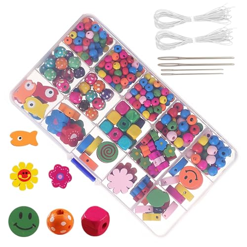 Qaestuan 400 Stück Handwerk Bunte Holzperlen, Kinder Holzperlen mit Loch zum Auffädeln Bastelperlen, DIY Perlen Schmuck Set, für DIY Armbänder, Schmuck Halsketten, für Kinder ab 2-6 Jahre von Qaestuan