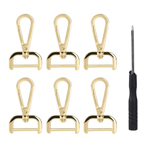 Qaixwuyi 6 Stück D Ringe Karabiner Haken Karabinerhaken mit Drehgelenk mit 1 Mini Schraubendreher Drehbare Schlüsselanhänger für Handtaschen Taschen Nähprojekte DIY-Zubehör 25mm Innenbreite Gold von Qaixwuyi