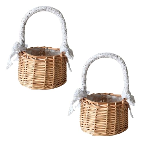 2 Stück Handgeflochtene Blumenkörbe, Blumenkorb Hochzeit Kinder, Kleiner Weidenkorb Mit Henkel Kinder, Picknickkorb Mit Griffen Und Einlagen, Für Hochzeit, Ostern, Party-Dekoration (A) von Qanye