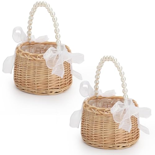 2 Stück Handgeflochtene Blumenkörbe, Blumenkorb Hochzeit Kinder, Kleiner Weidenkorb Mit Henkel Kinder, Picknickkorb Mit Griffen Und Einlagen, Für Hochzeit, Ostern, Party-Dekoration (B) von Qanye