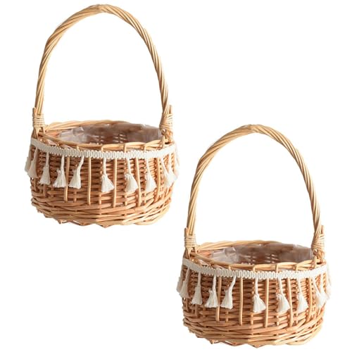 2 Stück Handgeflochtene Blumenkörbe, Blumenkorb Hochzeit Kinder, Kleiner Weidenkorb Mit Henkel Kinder, Picknickkorb Mit Griffen Und Einlagen, Für Hochzeit, Ostern, Party-Dekoration (C) von Qanye
