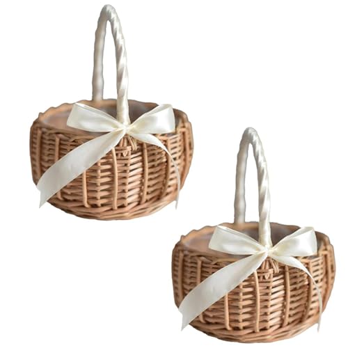 2 Stück Handgeflochtene Blumenkörbe, Blumenkorb Hochzeit Kinder, Kleiner Weidenkorb Mit Henkel Kinder, Picknickkorb Mit Griffen Und Einlagen, Für Hochzeit, Ostern, Party-Dekoration (D) von Qanye