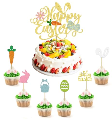 1 x Happy Easter Kuchenaufsatz und 12 x Oster-Cupcake-Topper, goldfarbener Glitzer, Oster-Kuchenaufsatz, Osterei-Hasen-Cupcake-Topper für Oster-Partys, Kuchendekorationen von Qaziuy