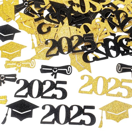 200 Stück Schwarz-Gold 2025 Abschlusskonfetti, Glitzerstreusel, Tischgeschenke, Abschlussfeier, Party-Dekorationen für Zuhause, Uni, Senioren, Abschlussball von Qaziuy