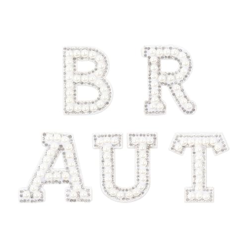 5 Stück Buchstaben zum Aufbügeln Braut Perle Strass Patches Bling Bügelbilder Braut Stickerei Patches für Braut Kleidung Hüte Schuhe DIY Bastelbedarf von Qaziuy