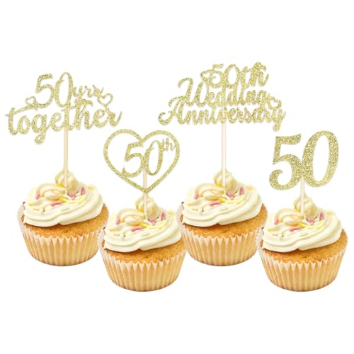 Cupcake-Topper zum 50. Hochzeitstag, glitzernde Herz-Kuchendekoration, goldene Hochzeit, Partyzubehör, 24 Stück Cupcake-Topper zum 50. Hochzeitstag, glitzernde Herz-Kuchendekoration, goldene Hochzeit, Partyzubehör, 24 Stück von Qaziuy