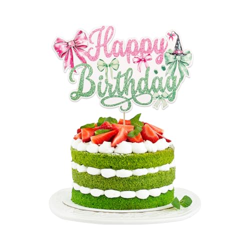 Happy Birthday Cake Topper, Wicked Birthday Cake Topper Glitter Pink and Green Bow Cake Decorations for Witch Princess Themed Birthday Party Supplies von Qaziuy