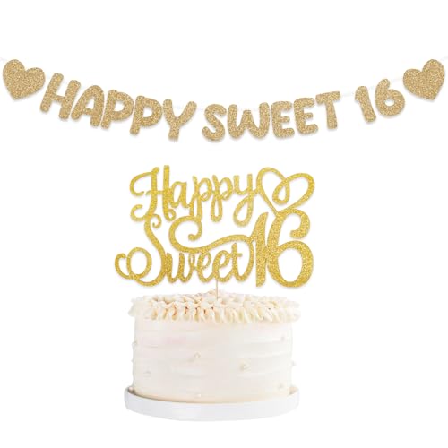 Happy Sweet 16 Banner & Happy Sweet 16 Cake Topper Glitzer 16 Geburtstag Dekorationen Gold Happy 16th Birthday Banner für Mädchen Jungen von Qaziuy
