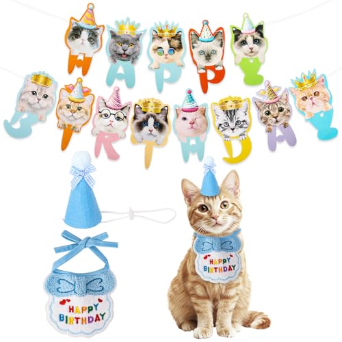 Katze Geburtstag Dekorationen, Katze Happy Birthday Banner Niedliche Katze Geburtstag Hut Schal Set Cartoon Kätzchen Gesicht Banner Kätzchen Geburtstag Party Supplies von Qaziuy