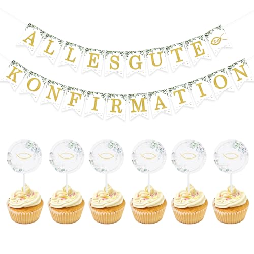 Konfirmation Girlande & 24 Stück Konfirmation Tortendeko, Fisch Kommunion Cake Topper Alles Gute zur Konfirmation Banner Girlande Deko Konfirmation Junge Mädchen von Qaziuy