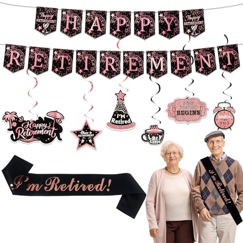 Party-Dekorationen für den Ruhestand, Schwarz / Rosa, "Happy Retirement", Banner "I'm Retide", Schärpe, hängende Wirbel für Frauen, Ruhestand, Dekoration, Zubehör, 8 Stück von Qaziuy
