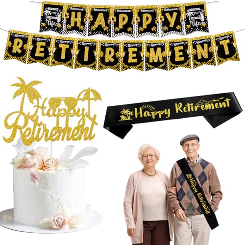 Party-Dekorationen für den Ruhestand, schwarz-goldfarben, glitzernd, Kuchendekoration, Schärpe für Männer, Ruhestandsparty-Zubehör von Qaziuy