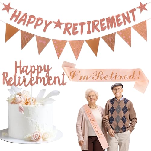 Partydekorationen für den Ruhestand, Roségold, Happy Retirement, Banner, Glitzer, Tortenaufsatz, Schärpe im Ruhestand, für Frauen im Ruhestand, Partyzubehör von Qaziuy