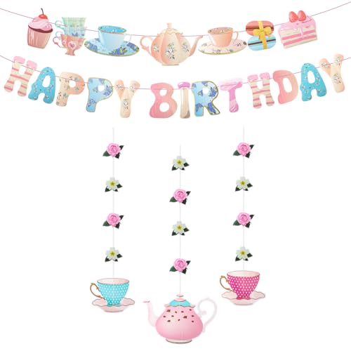 Teeparty-Dekorationen, Tee-Happy Birthday-Banner und florale Teeparty-Girlande, hängende Girlande, Nachmittagstee-Party-Dekorationen für Teeparty, Nachmittagstee, Party-Zubehör, Teeparty-Dekorationen, Tee-Happy Birthday-Banner und florale Teeparty-Girlande, hängende Girlande, Nachmittagstee-Party-Dekorationen für Teeparty, Nachmittagstee, Party-Zubehör, von Qaziuy