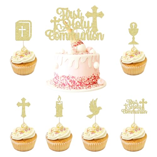 Tortenaufsätze zur Erstkommunion, goldfarben, glitzernd, Tauben-Kreuz, Cupcake-Picker für Erstkommunion, christliche Taufe, Party, Kuchendekorationen, Zubehör, 25 Stück Tortenaufsätze zur Erstkommunion, goldfarben, glitzernd, Tauben-Kreuz, Cupcake-Picker für Erstkommunion, christliche Taufe, Party, Kuchendekorationen, Zubehör, 25 Stück von Qaziuy