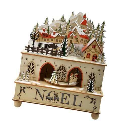 Weihnachts-Spieluhr aus Holz, Weihnachtsdorf, LED-beleuchtet, rotierender Schneemann, musikalisches Ornament für Zuhause, Büro, Tischdekoration, Weihnachts-Holzfigur von Qcbuegof