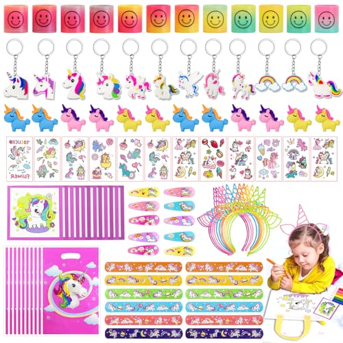 Qcdou 84 Stück Einhorn Deko Party Mitgebsel Kindergeburtstag Mädchen, Einhorn Geschenke, einhorn tattoos, Einhorn Haarspangen/Schlüsselanhänger, Schnapparmband Kinder, Geschenktüten(A-2) von Qcdou