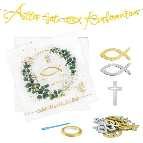 Qcdou 91 Stück Kommunion Taufe Deko, Kommunion Konfirmation Servietten, Kommunion Grün Eukalyptus Tischdeko, Schön dass Du Da Bist, Holz Fisch Kreuz Dekoration, Alles Gute Zum Konfirmation Banner Qcdou 91 Stück Kommunion Taufe Deko, Kommunion Konfirmation Servietten, Kommunion Grün Eukalyptus Tischdeko, Schön dass Du Da Bist, Holz Fisch Kreuz Dekoration, Alles Gute Zum Konfirmation Banner von Qcdou