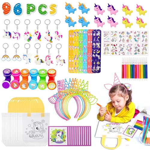Qcdou 96 Stück Einhorn Deko Party Mitgebsel Kindergeburtstag Mädchen, Einhorn Geschenke, einhorn tattoos, Einhorn Haarspangen/Schlüsselanhänger, Schnapparmband Kinder, Geschenktüten(A-1) von Qcdou