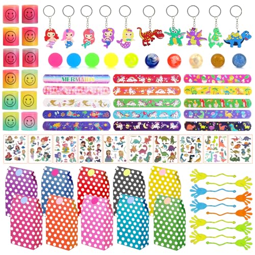 Qcdou Mitgebsel Kindergeburtstag Set 4/6/7/8/10 jahre, 78 Stück Dino Meerjungfrau Mitgebsel, Stempel/Tattoos/Exquisite Geschenkbox/Schnapparmband, Spielzeug FüR Kinder Partybeutelfüller(D) von Qcdou