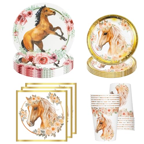 Qcdou Pferd Partygeschirr Set - 50 Stück Geburtstag Geschirr, Deko, Pappgeschirr Mit Teller, Becher, Servietten - Kindergeburtstag Deko für 10 Gäste (A) von Qcdou