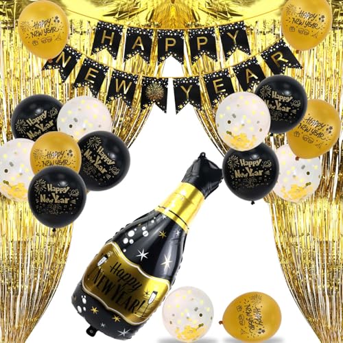 Qcdou Silvester Deko, Happy New Year Girlande, Neujahrsdeko, mit Champagnerflasche Folienballons, Glitzer Vorhang, Schwarz Gold Silvesterpartydeko Accessoir, Latexballons, Happy New Year Banner Qcdou Silvester Deko, Happy New Year Girlande, Neujahrsdeko, mit Champagnerflasche Folienballons, Glitzer Vorhang, Schwarz Gold Silvesterpartydeko Accessoir, Latexballons, Happy New Year Banner von Qcdou