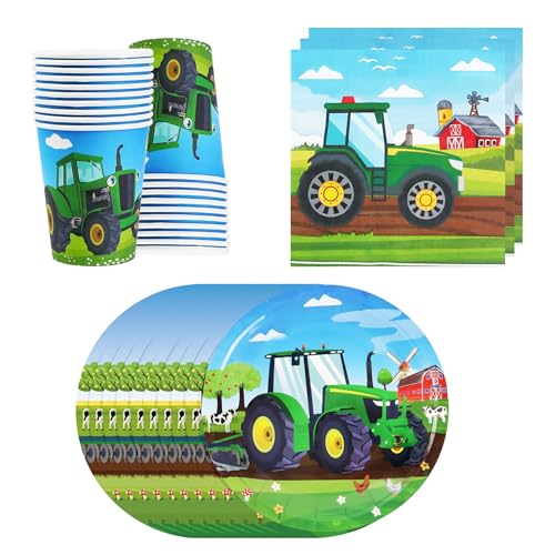 Qcdou Traktor Partygeschirr Kindergeburtstag Party Geschirrset, Traktor Geburtstag Deko Set, Papierteller Tassen Servietten Geschirr, Geburtstag Hochzeit Jahrestag Dekorationen Party Supplies(E) von Qcdou
