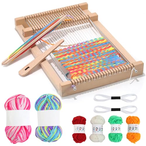 Qcdou Webrahmen Kinder, DIY Holz Webrahmen Set, mit Farbige Wolle, Webstock, Kamm, Hölzerne Webenadel, 19x29 cm Webstuhl Viereckig, Strickset für Kinder Anfänger von Qcdou