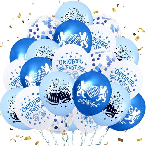 24 Stück Oktoberfest Luftballons – Bayerische Deko in Blau & Weiß mit 4 Designs – Latex Ballons für Oktoberfest Deko Party, Bayern Deko von QckZee