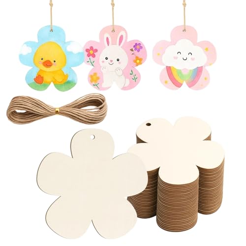 Holzanhänger Zum Bemalen, 30 Stück Holzblumen Mit 10M Hanfseil, 7Cm Holzscheiben Für DIY Dekoration, Handwerk Und Geschenke, Naturbelassenes Holz Für Kreative Projekte von QckZee