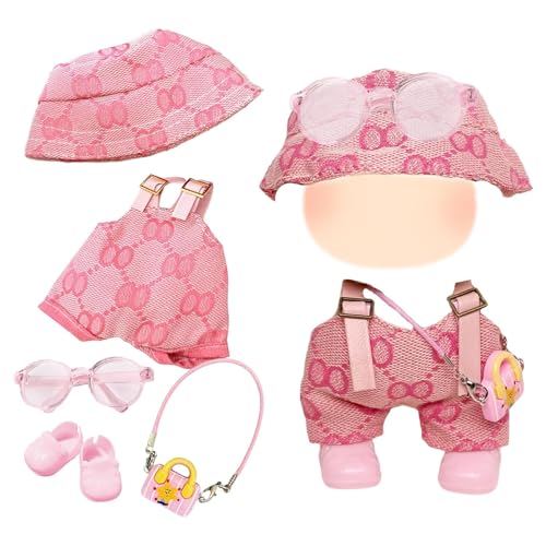 Kleidung Kompatibel mit Labu Puppen, Einteiler mit verstellbaren bedruckten Schultergurten, Hut, Brille, Blumentasche, Mini-Schuhe für die 17 cm Mini Plüsch Puppen (Plüschpuppe Nicht Enthalten) von QckZee