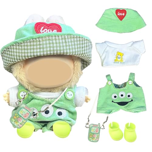3-Teiliges Puppe Kleidung, 14-17 cm Puppen – 3-teiliges Kleidungs-Set (Liebesherz-Hut + T-Shirt + Latzhose) Inkl. Grünes Handy-Accessoire & Schuhe – Süßes Zubehör Für Sammler & Spiel von QckZee