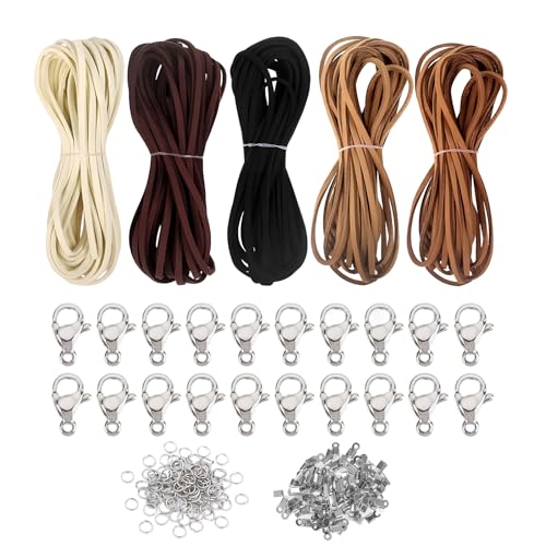 Lederband für Ketten – 50 m Set Veloursleder Band Faden, 5 Farben à 10 m, 2 mm Lederschnur für Schmuck, Lederbänder für Armbänder, Halsketten & DIY, inkl. 100 Zubehörteile von QckZee