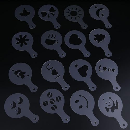 16 PCS Kunststoff Kaffee Schablonen Cappuccino Schokolade Zinn Tinnut Formwerkzeuge Formwerkzeuge für imaginäre Getränke und Kuchendekoration von Qcwwy
