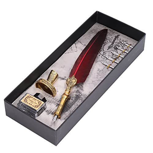 Elegantes Vintage Stil Füllfederhalter Set für Kalligraphie, Handgefertigtes Wunderschönes Kronenstift-Set mit 5 Stiftspitzen und Stifthalter für Geschenke (Dunkelrot) von Qcwwy