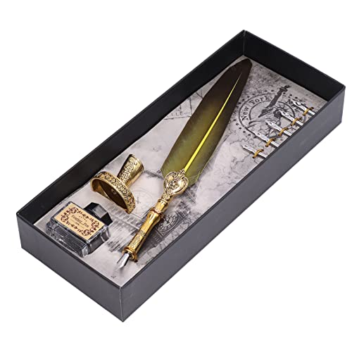 Elegantes Vintage Stil Füllfederhalter Set für Kalligraphie, Handgefertigtes Wunderschönes Kronenstift-Set mit 5 Stiftspitzen und Stifthalter für Geschenke (YELLOW) von Qcwwy