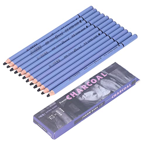 Qcwwy 12-teilige Holzkohle-Schwarz-Skizze, Extra Weiche Holzkohlestifte Traditionelles Zeichen-Kunst-Set für Professionelle Künstler Kunststudenten, die Hobbyisten Zeichnen von Qcwwy