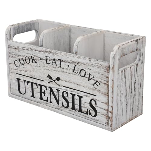 Qcwwy Besteck Lagerregal Holz Utensilien Halter Vintage 3 Fächer Besteck Utensilien Aufbewahrungsorganisator Kasten Küchenarbeitsplatten Dekorationen für die Aufbewahrung Langer Löffel Zange Geeignet von Qcwwy