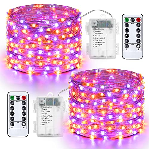 Halloween Lichter Outdoor Batterie - 2 Stück 100 LED Silberdraht Micro Lichterkette Wasserdicht 10M Lichterkette Orange Lila mit Fernbedienung für Außen Innen Garten und Halloween Deko Halloween Lichter Outdoor Batterie - 2 Stück 100 LED Silberdraht Micro Lichterkette Wasserdicht 10M Lichterkette Orange Lila mit Fernbedienung für Außen Innen Garten und Halloween Deko von Qedertek