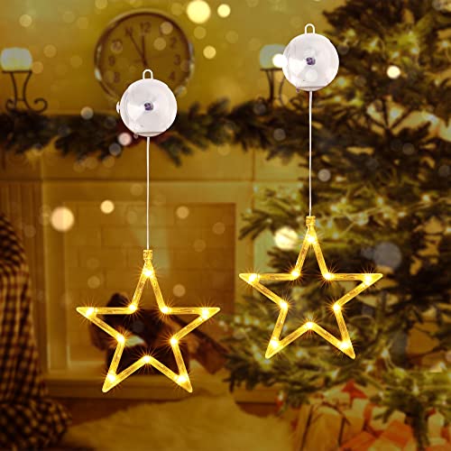 Qedertek LED Sterne Weihnachtsbeleuchtung, 10 LED Lichtervorhang Warmweiß Batteriebetriebene mit Saugnäpfe, Timer, Fenster Lichterkette Innen für Weihnachten Deko, Balkon, Party, Hochzeit (2 Stück) von Qedertek