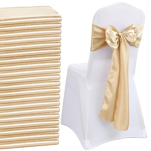 QeeFop 50 Stück Beige Satin Schärpe Hochzeit Stuhl Bogen, Elastische Stuhlschärpen Stuhl Schärpen für Hochzeitsdekoration Geburtstag Bankett Party Stuhl Dekoration (Beige) von QeeFop