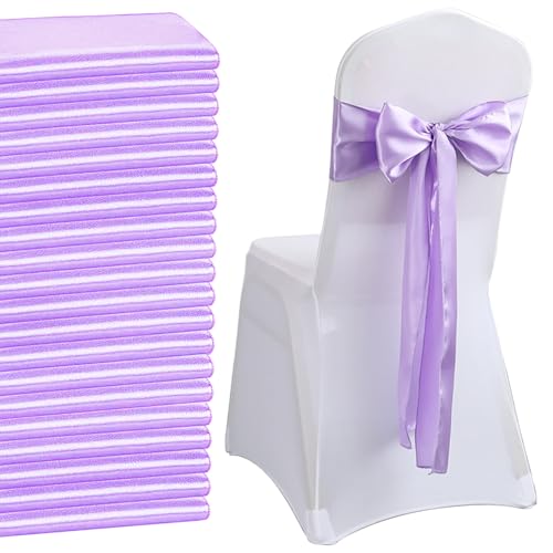 QeeFop 50 Stück Hellviolett Satin Schärpe Hochzeit Stuhl Bogen, Elastische Stuhlschärpen Stuhl Schärpen für Hochzeitsdekoration Geburtstag Bankett Party Stuhl Dekoration (Hellviolett) von QeeFop