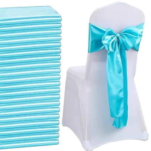 QeeFop 50 Stück Seeblau Satin Schärpe Hochzeit Stuhl Bogen, Elastische Stuhlschärpen Stuhl Schärpen für Hochzeitsdekoration Geburtstag Bankett Party Stuhl Dekoration (Seeblau) von QeeFop