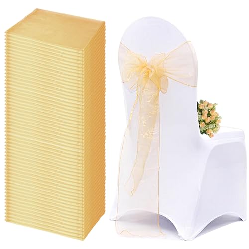 QeeFop 60 Stück Organza Stuhlschleife Stuhl Schärpe Bögen Hochzeit Stuhl Deko Organzaband Stuhlschärpen Stuhlbezug für Hochzeit Party Geburtstag Bankett Hotel (Gold) von QeeFop